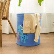 Clothes in Blue Little Dino Laundry Basket with Top Netting
