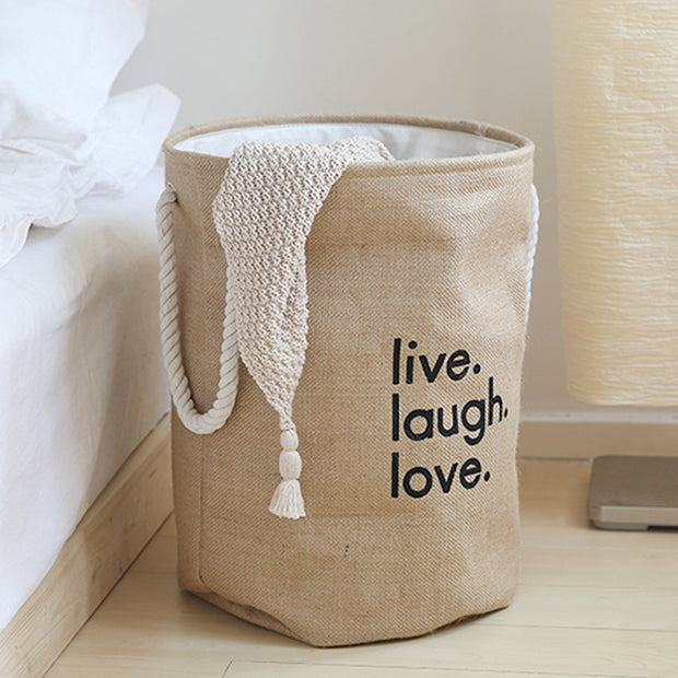 Brown Linen Fabric Live,Laugh,Love Laundry Basket with Clothes