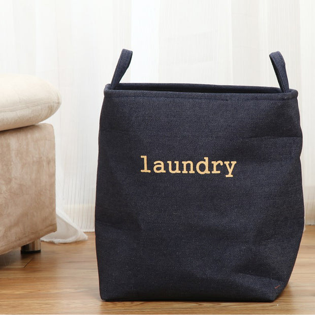 Navy Mesh Linen Rectangular Fabric Laundry Basket on Floor