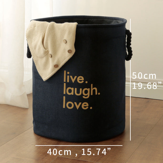 Navy Linen Fabric Live,Laugh,Love Laundry Basket Size