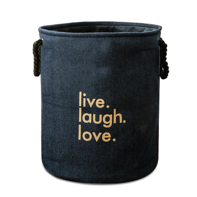 Navy Linen Fabric Live,Laugh,Love Laundry Basket
