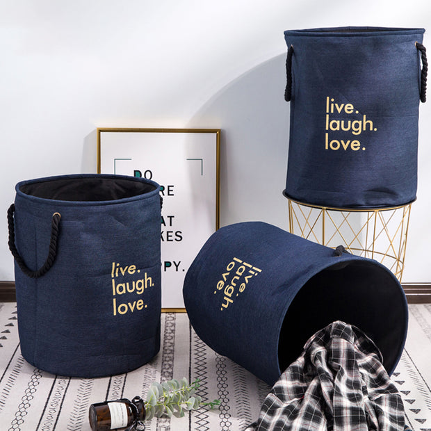 Navy Linen Fabric Live,Laugh,Love Laundry Basket Display