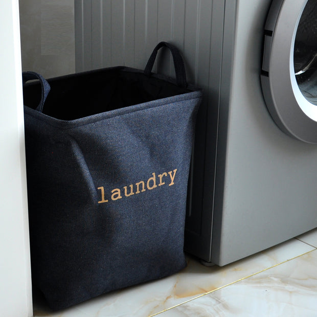 Navy Mesh Linen Rectangular Fabric Laundry Basket Beside Washing Machine
