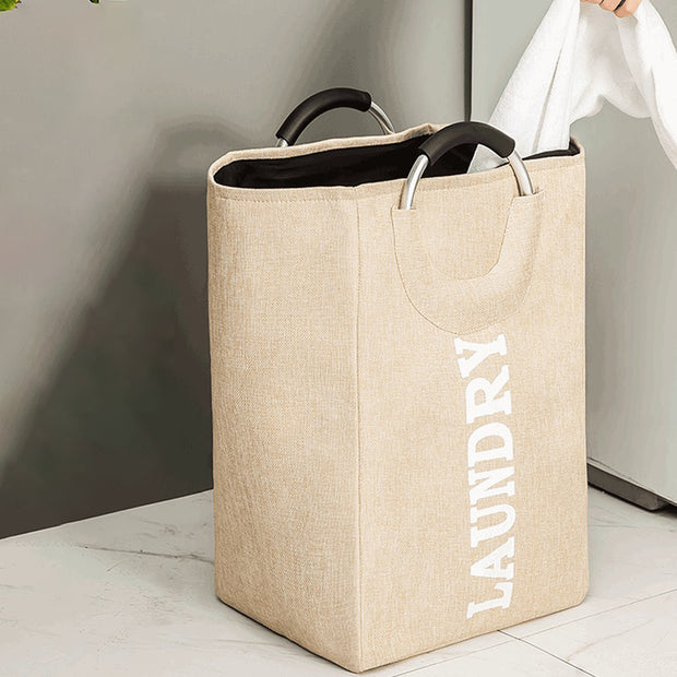 Hessian Fabric Cream Laundry Basket with Handle in Service Yard