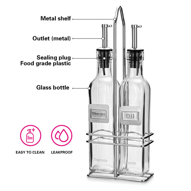 Oil & Vinegar Glass Bottles Set with Stand - 2x250ml