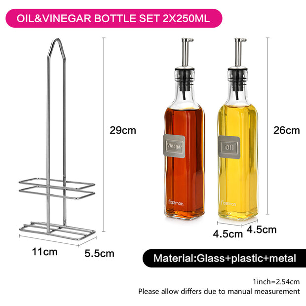 Oil & Vinegar Glass Bottles Set with Stand - 2x250ml