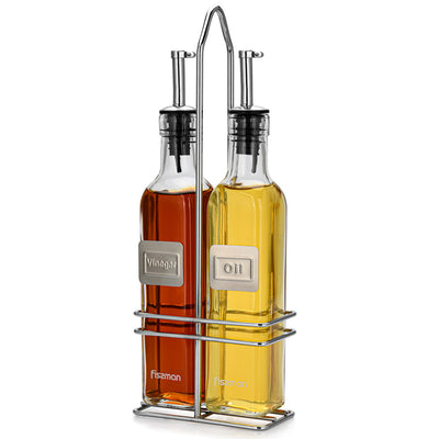 Oil & Vinegar Glass Bottles Set with Stand - 2x250ml